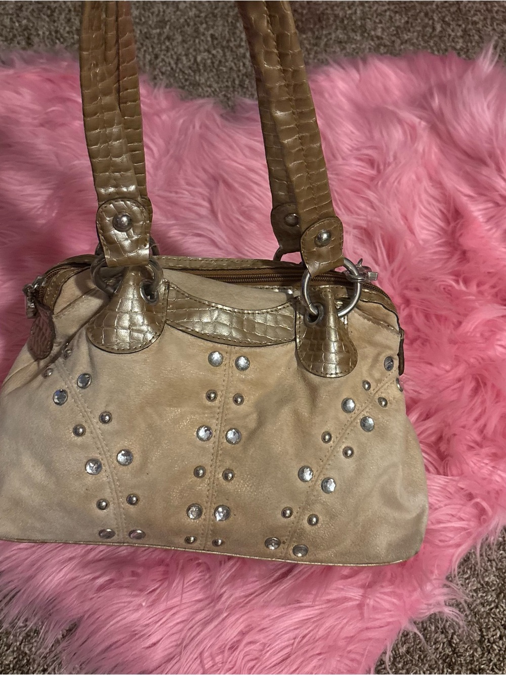 Y2K Kathy Van Zeeland Studded Rhinestone Satchel Purse Beige Faux Suede Croc Bag